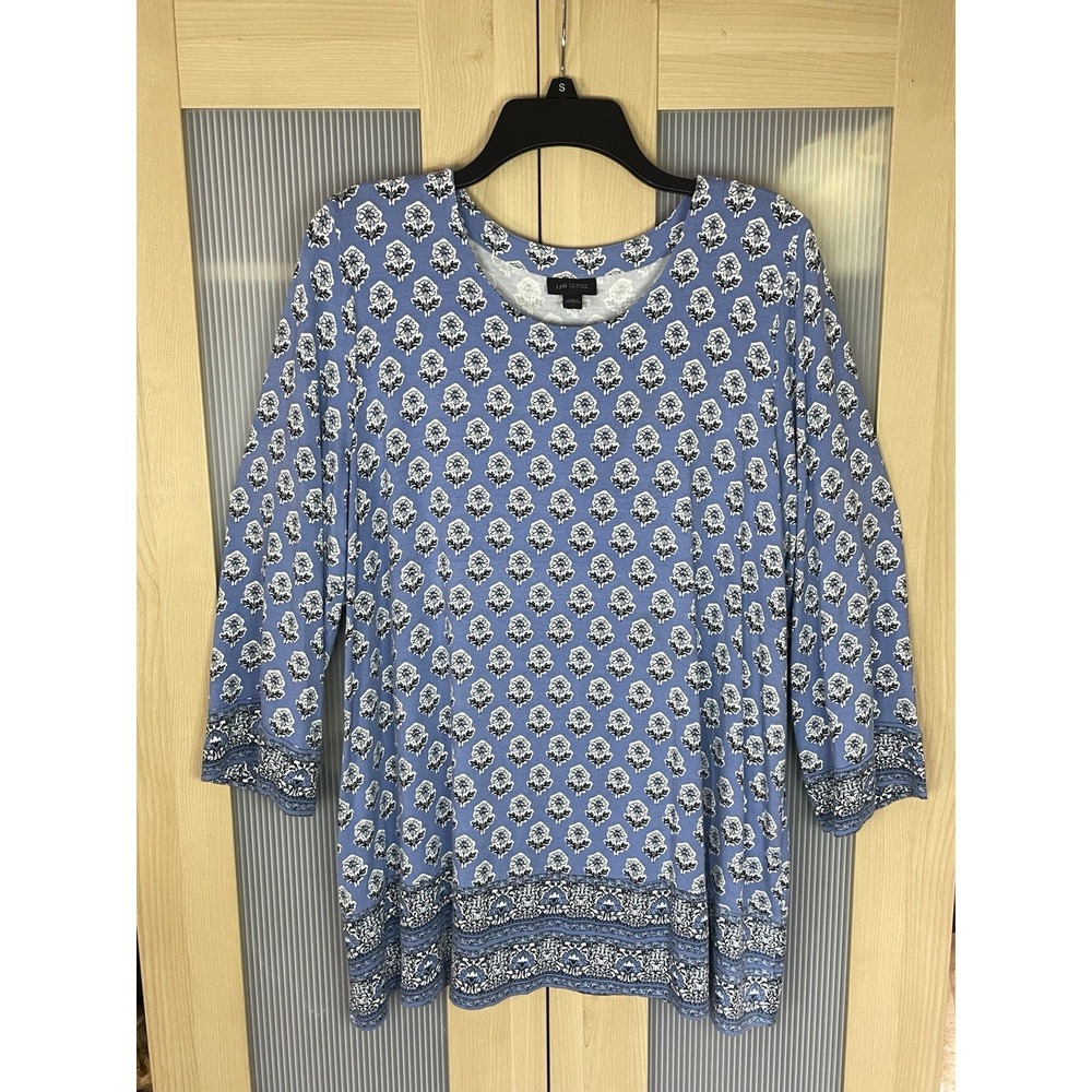 J Jill Wearever Collection Blue Floral Tunic Top Blouse L Stretch Boho Casual